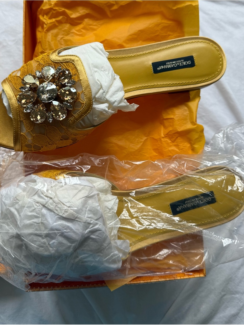 Dolce & Gabbana Gold Jeweled Lace Slide Mules